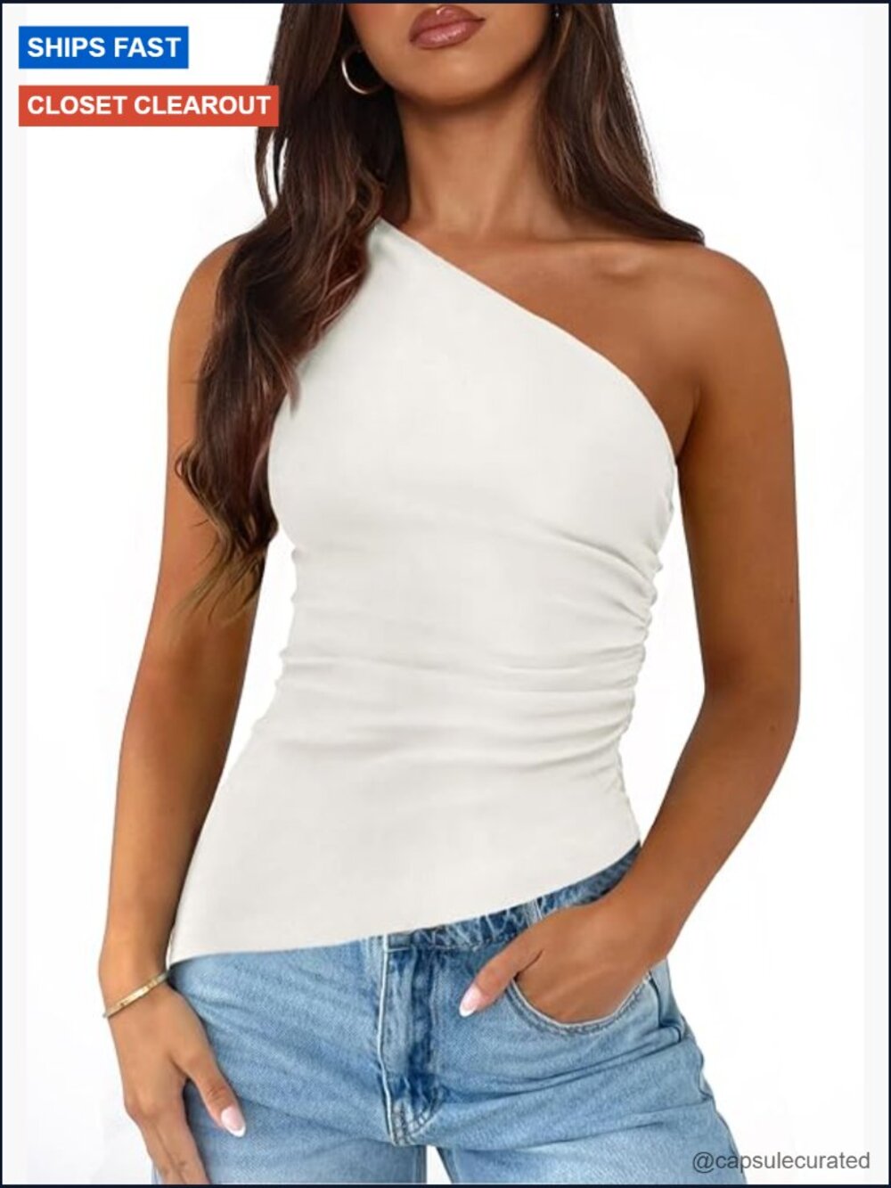 One Shoulder Sleeveless Knit Ruched Top Slim Fitted Tank Blouse Y2K Summer